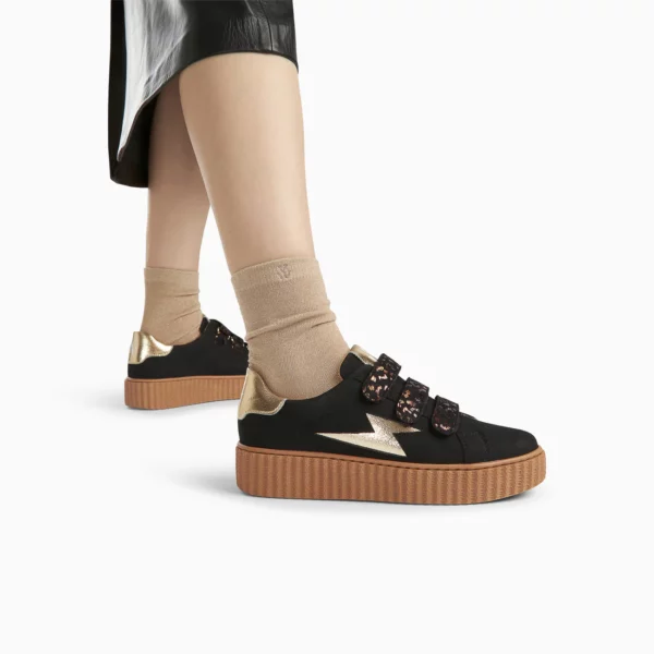 Baskets éclair Aby noir et or à scratchs léopard