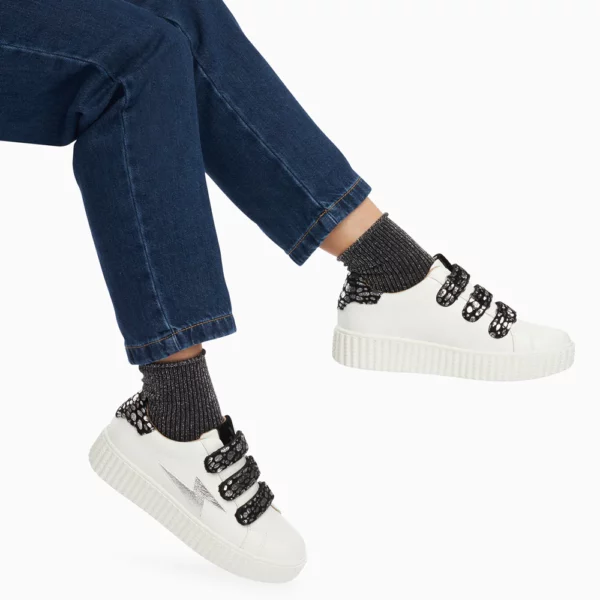 Baskets éclair Daisy blanc et argent à scratchs léopard