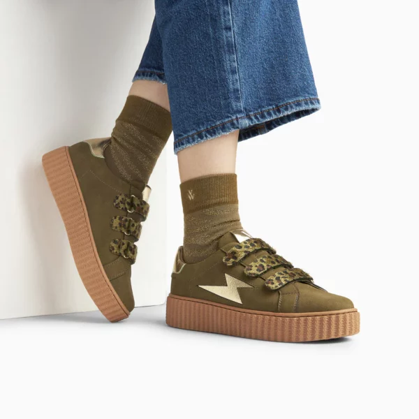 Baskets éclair Aby kaki et or à scratchs léopard Vanessa Wu