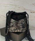 Sac seau bourse à frangesNora W noir cuir Mila Louise