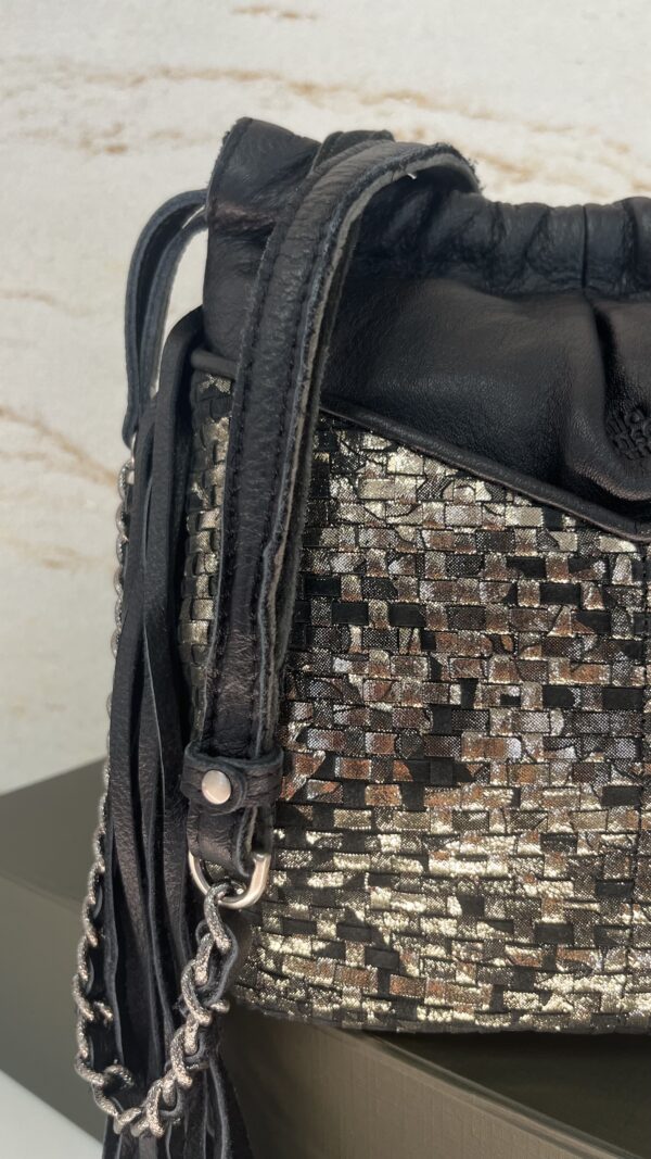 Sac seau bourse à frangesNora W noir cuir Mila Louise