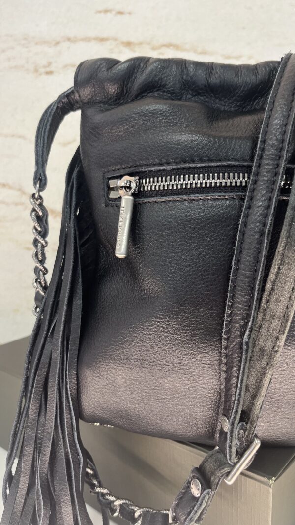 Sac seau bourse à frangesNora W noir cuir Mila Louise