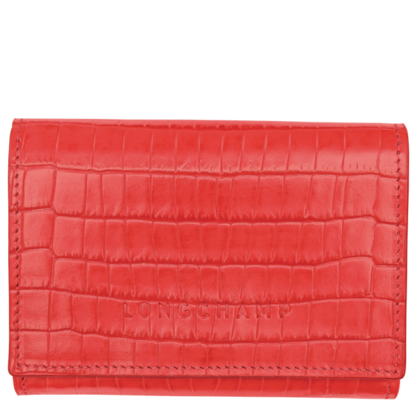 Portefeuille compact Roseau Pocket croco Longchamp vermillon